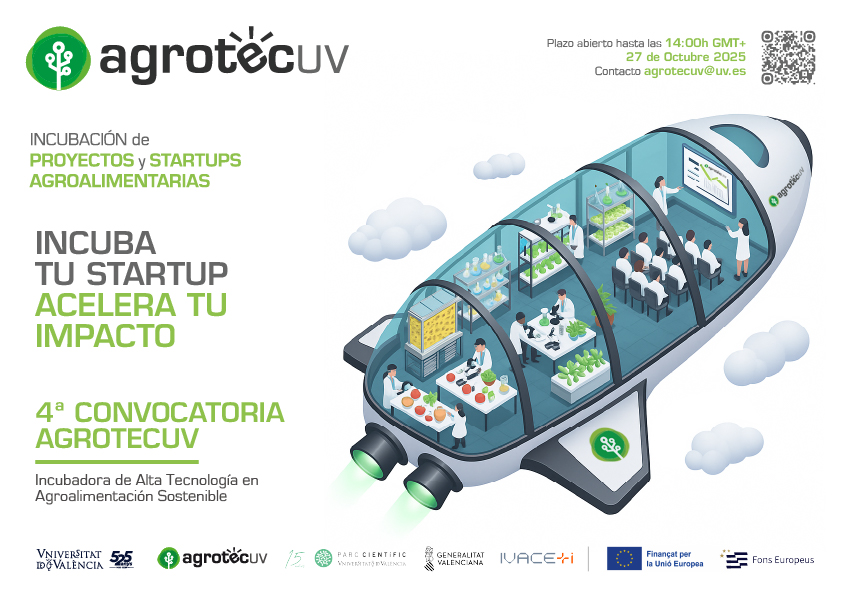Imagen de la 4ª Convocatoria AgrotecUV donde podemos ver un cohete, símbolo representativo de la incubación y la aceleración de startups. Alrededor se indican los detalles de la convocatoria como la fecha límite para las inscripciones que es el dia 27 de octubre